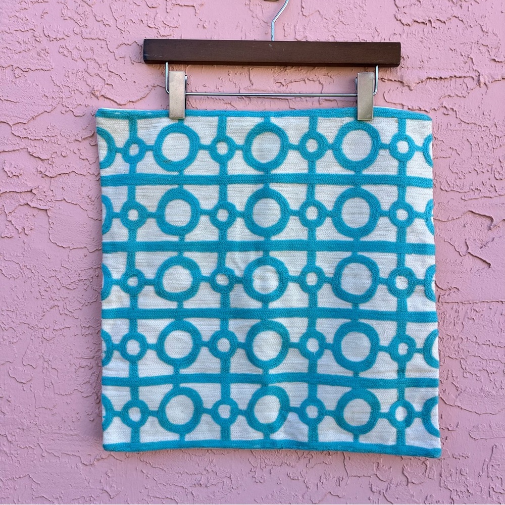 NEW West Elm Crewel Turquoise Blue White Patterned Pillow Cover 17" X 17" Flaw